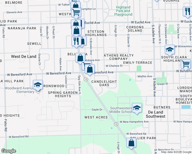 map of restaurants, bars, coffee shops, grocery stores, and more near 924 Valleydale Avenue in DeLand