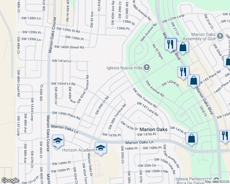 map of restaurants, bars, coffee shops, grocery stores, and more near 272 Marion Oaks Drive in Ocala