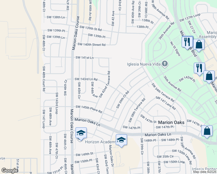 map of restaurants, bars, coffee shops, grocery stores, and more near 14385 Southwest 42nd Terrace Road in Ocala