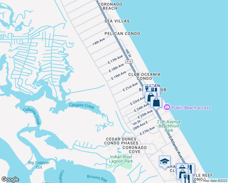 map of restaurants, bars, coffee shops, grocery stores, and more near 3007 Saxon Drive in New Smyrna Beach
