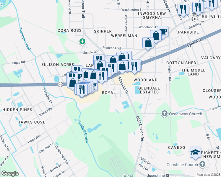 map of restaurants, bars, coffee shops, grocery stores, and more near 1800 Vics Way in New Smyrna Beach