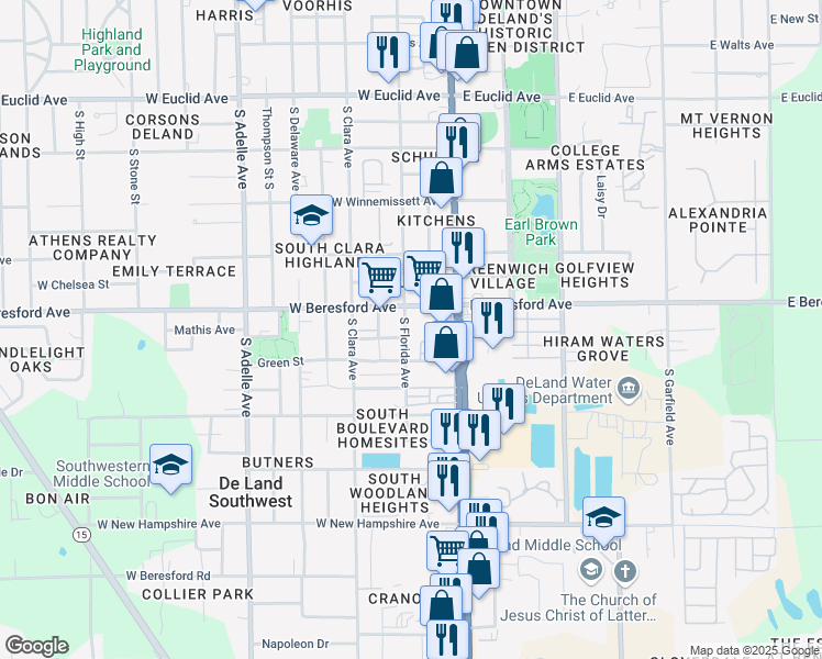 map of restaurants, bars, coffee shops, grocery stores, and more near 909 South Florida Avenue in DeLand
