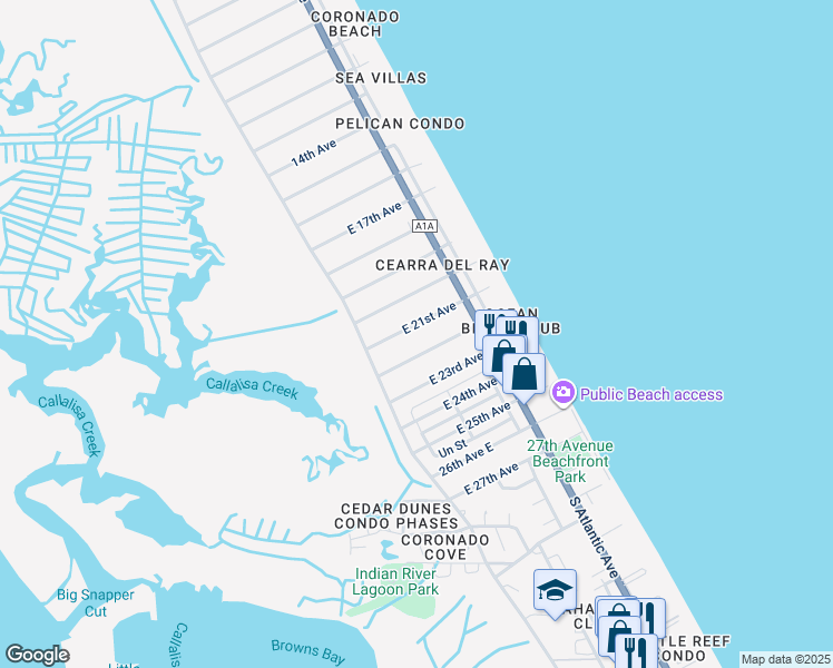 map of restaurants, bars, coffee shops, grocery stores, and more near 819 East 21st Avenue in New Smyrna Beach