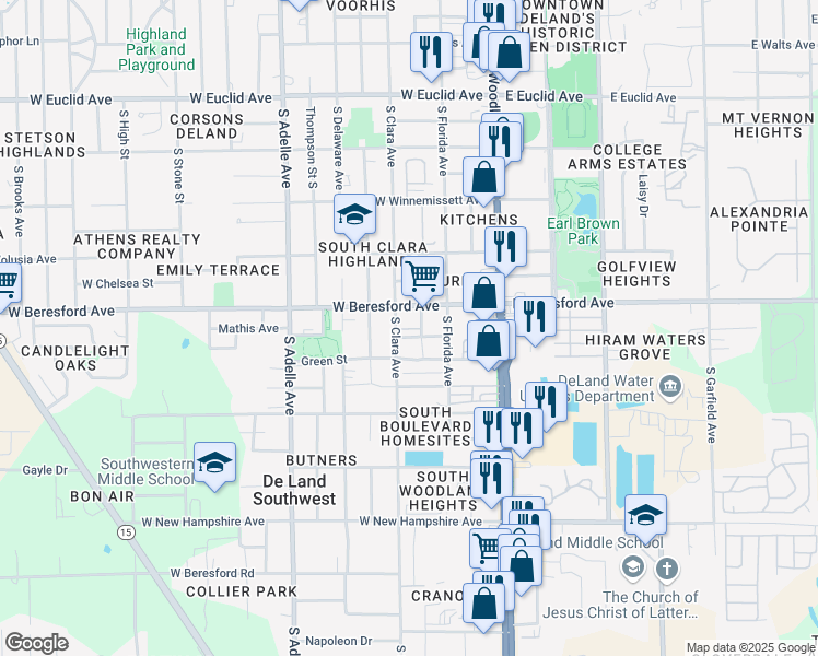 map of restaurants, bars, coffee shops, grocery stores, and more near 231 West Carter Street in DeLand