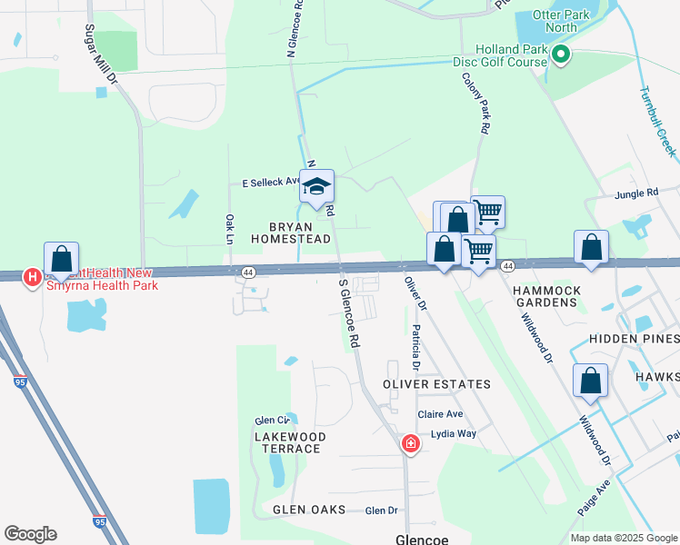 map of restaurants, bars, coffee shops, grocery stores, and more near 2500 Florida 44 in New Smyrna Beach
