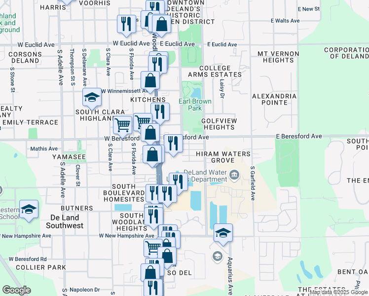 map of restaurants, bars, coffee shops, grocery stores, and more near 246 Elmwood Avenue in DeLand