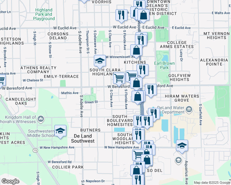 map of restaurants, bars, coffee shops, grocery stores, and more near 231 West Carter Street in DeLand