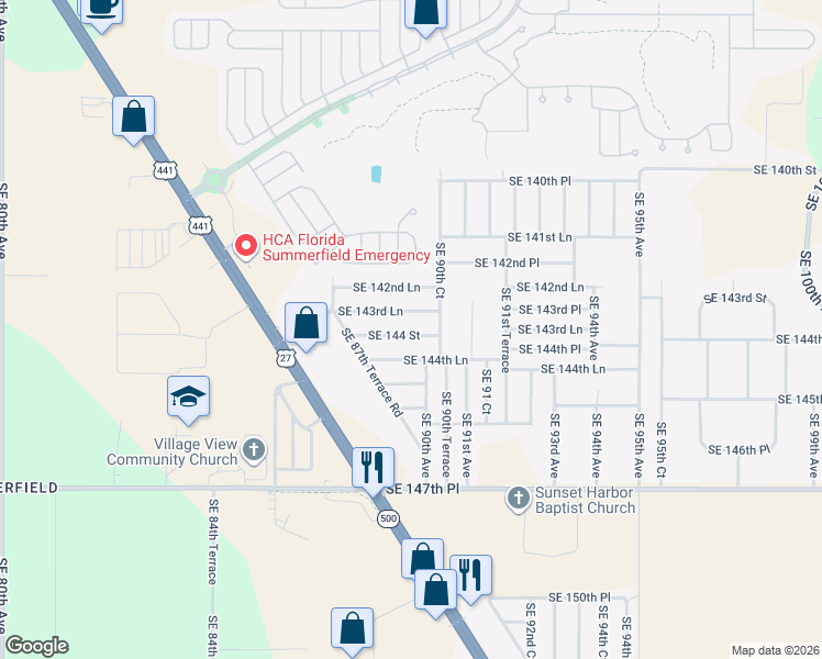 map of restaurants, bars, coffee shops, grocery stores, and more near 8927 Southeast 144 Street in Summerfield