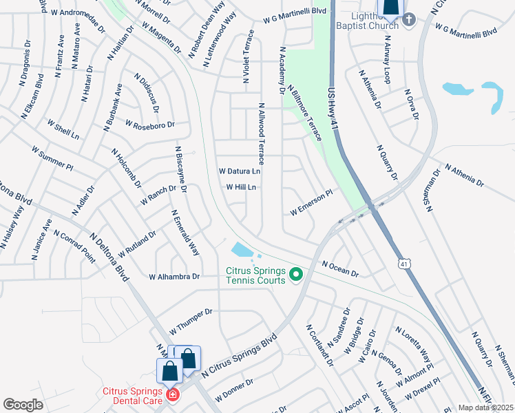 map of restaurants, bars, coffee shops, grocery stores, and more near 10270 North Allwood Terrace in Citrus Springs