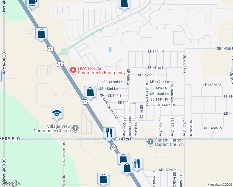 map of restaurants, bars, coffee shops, grocery stores, and more near 8927 Southeast 144 Street in Marion County