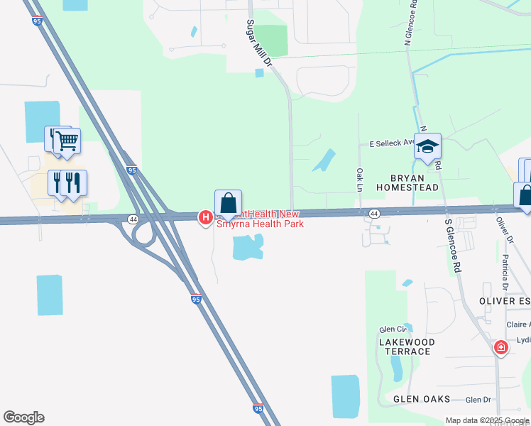 map of restaurants, bars, coffee shops, grocery stores, and more near Florida 44 in New Smyrna Beach