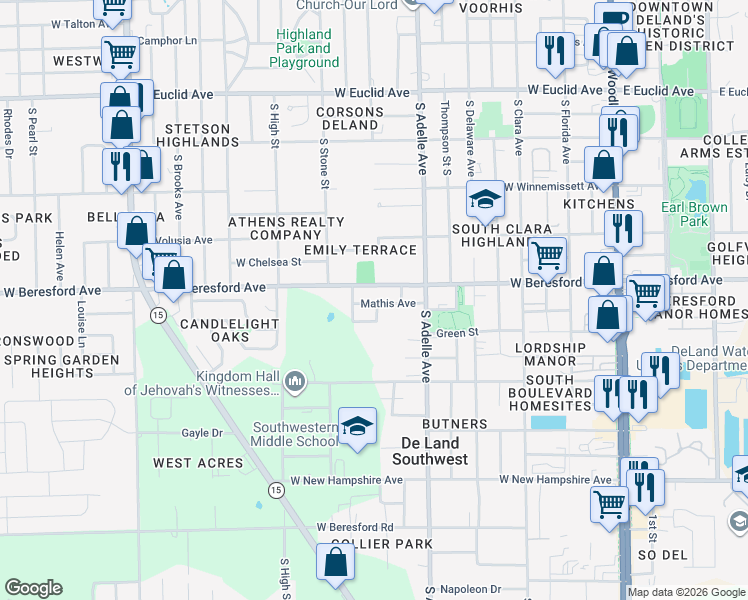 map of restaurants, bars, coffee shops, grocery stores, and more near 613 West Mathis Street in DeLand