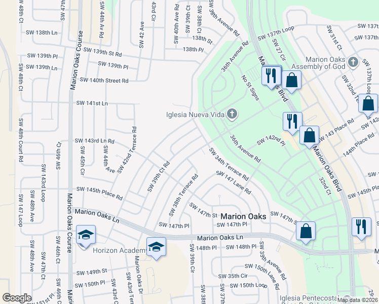 map of restaurants, bars, coffee shops, grocery stores, and more near 272 Marion Oaks Drive in Ocala