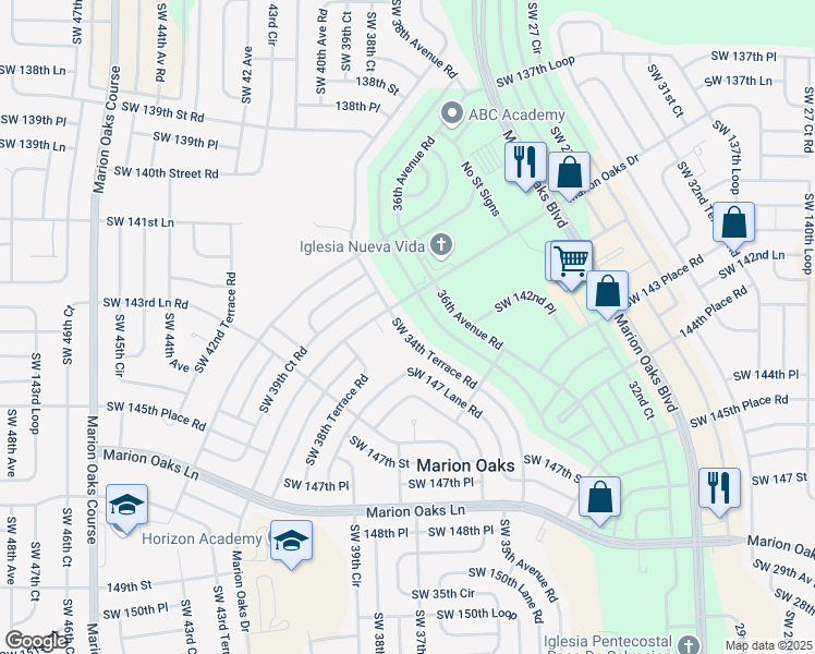 map of restaurants, bars, coffee shops, grocery stores, and more near 14385 Southwest 34th Terrace Road in Ocala