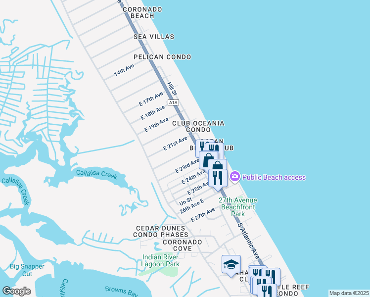 map of restaurants, bars, coffee shops, grocery stores, and more near 828 East 22nd Avenue in New Smyrna Beach