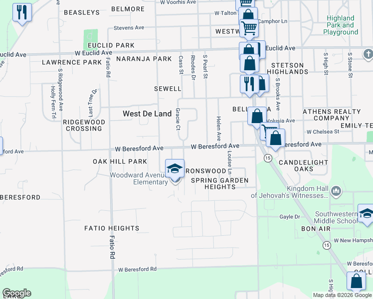 map of restaurants, bars, coffee shops, grocery stores, and more near 1226 West Beresford Avenue in DeLand