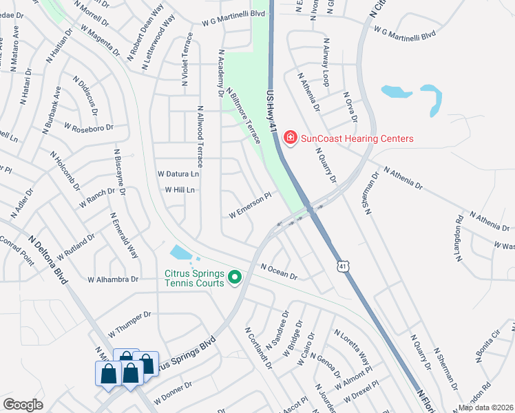 map of restaurants, bars, coffee shops, grocery stores, and more near 1320 West Emerson Place in Citrus Springs