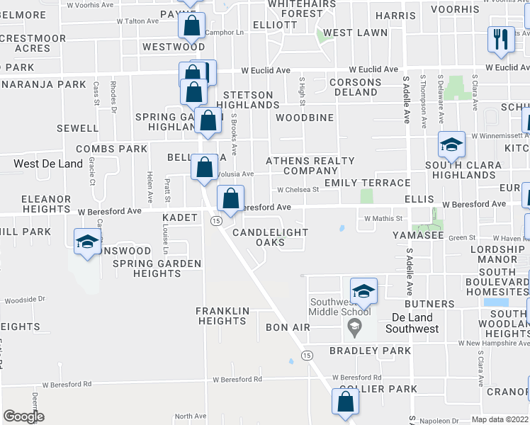 map of restaurants, bars, coffee shops, grocery stores, and more near 905 Valleydale Avenue in DeLand