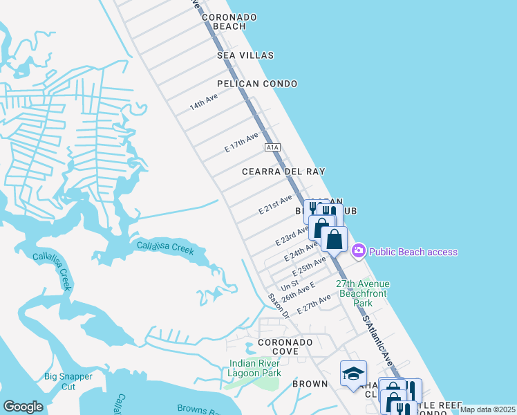 map of restaurants, bars, coffee shops, grocery stores, and more near 819 East 21st Avenue in New Smyrna Beach