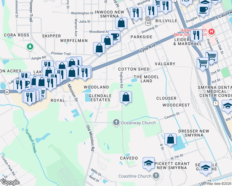 map of restaurants, bars, coffee shops, grocery stores, and more near 471 Old Mission Road in New Smyrna Beach