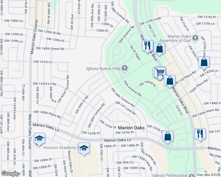 map of restaurants, bars, coffee shops, grocery stores, and more near 207 Marion Oaks Drive in Ocala