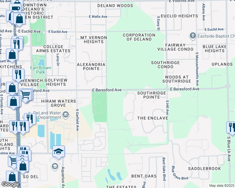 map of restaurants, bars, coffee shops, grocery stores, and more near 714 E Beresford Ave in DeLand
