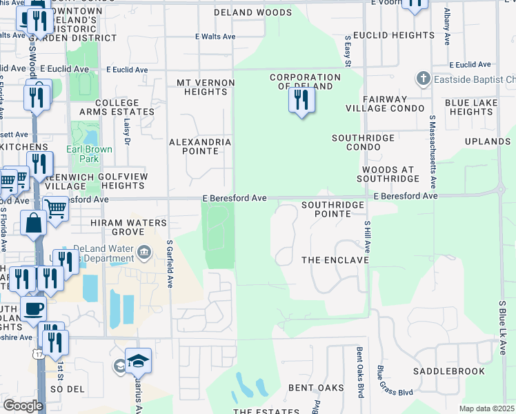 map of restaurants, bars, coffee shops, grocery stores, and more near 714 East Beresford Avenue in DeLand