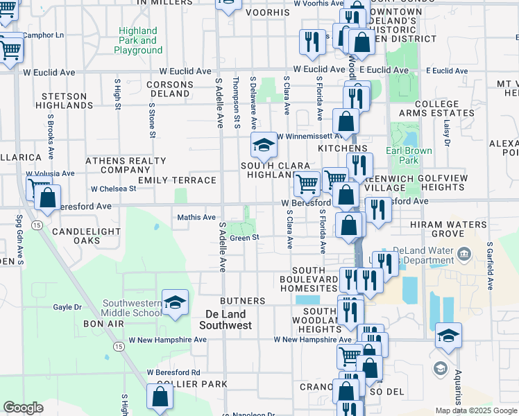 map of restaurants, bars, coffee shops, grocery stores, and more near 905 South Delaware Avenue in DeLand