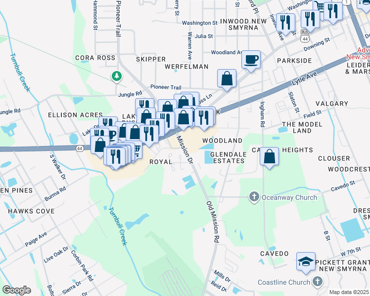 map of restaurants, bars, coffee shops, grocery stores, and more near in New Smyrna Beach