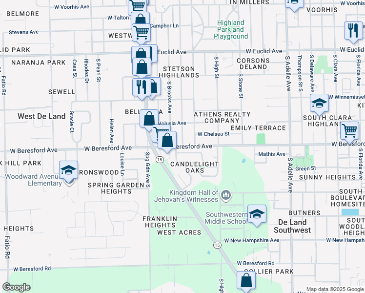 map of restaurants, bars, coffee shops, grocery stores, and more near 856 Montgomery Avenue in DeLand
