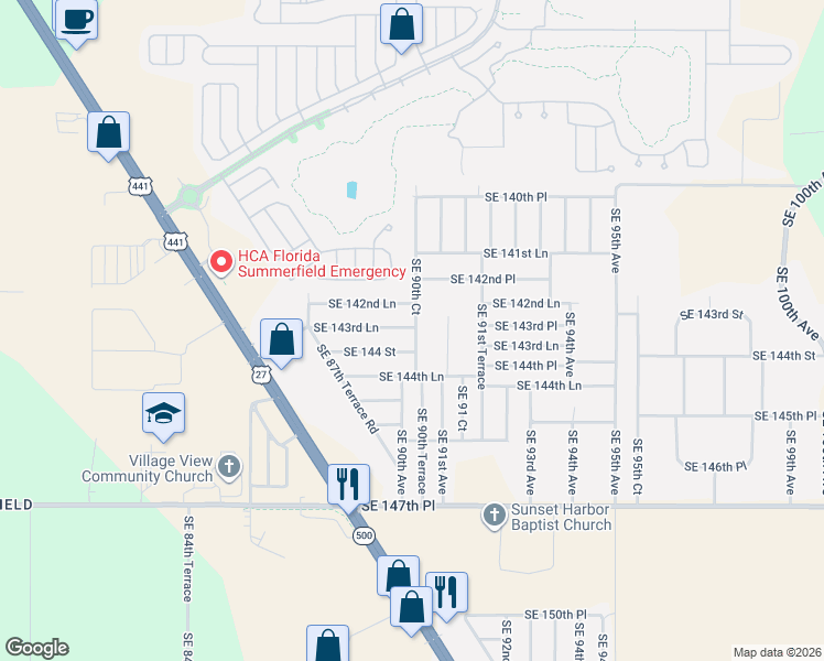 map of restaurants, bars, coffee shops, grocery stores, and more near 9015 Southeast 144 Street in Summerfield