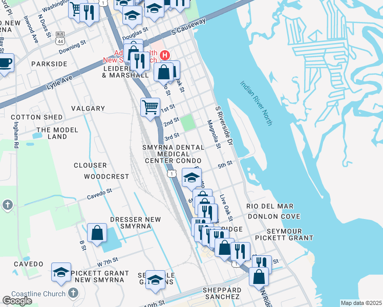 map of restaurants, bars, coffee shops, grocery stores, and more near Palmetto Street in New Smyrna Beach