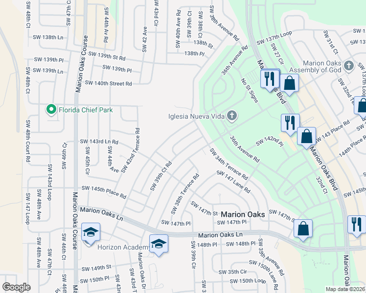 map of restaurants, bars, coffee shops, grocery stores, and more near 272 Marion Oaks Drive in Ocala