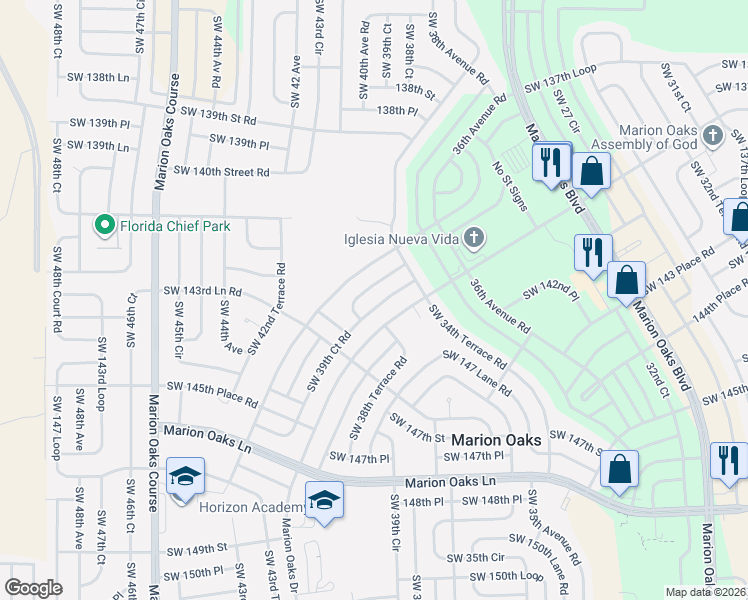 map of restaurants, bars, coffee shops, grocery stores, and more near 272 Marion Oaks Drive in Ocala