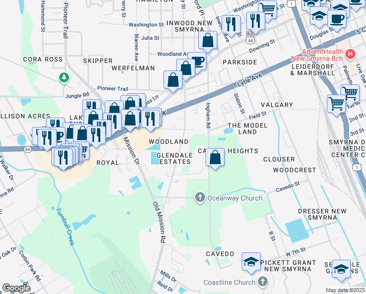 map of restaurants, bars, coffee shops, grocery stores, and more near 417 Old Mission Road in New Smyrna Beach