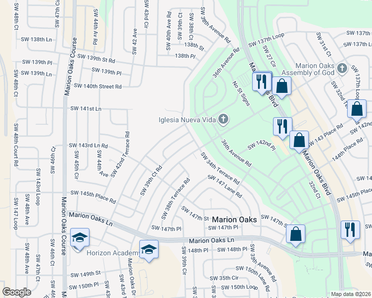 map of restaurants, bars, coffee shops, grocery stores, and more near 272 Marion Oaks Drive in Ocala