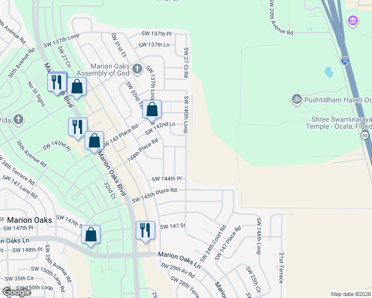 map of restaurants, bars, coffee shops, grocery stores, and more near 2984 Southwest 140th Loop in Ocala