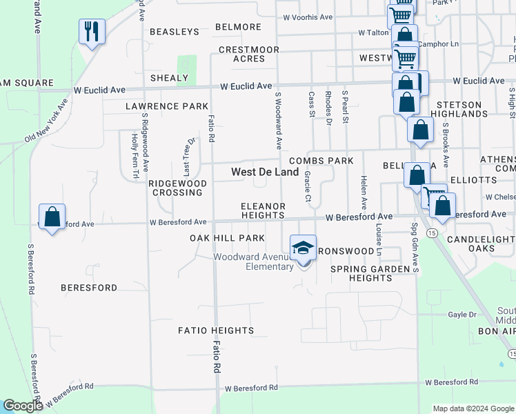 map of restaurants, bars, coffee shops, grocery stores, and more near 1414 West Chelsea Avenue in DeLand