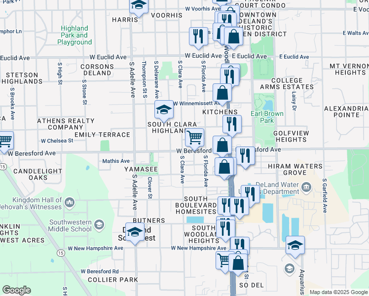 map of restaurants, bars, coffee shops, grocery stores, and more near 806 South Clara Avenue in DeLand