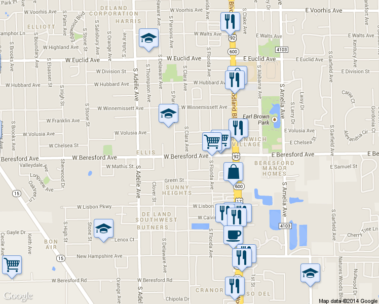 map of restaurants, bars, coffee shops, grocery stores, and more near 806 South Clara Avenue in DeLand