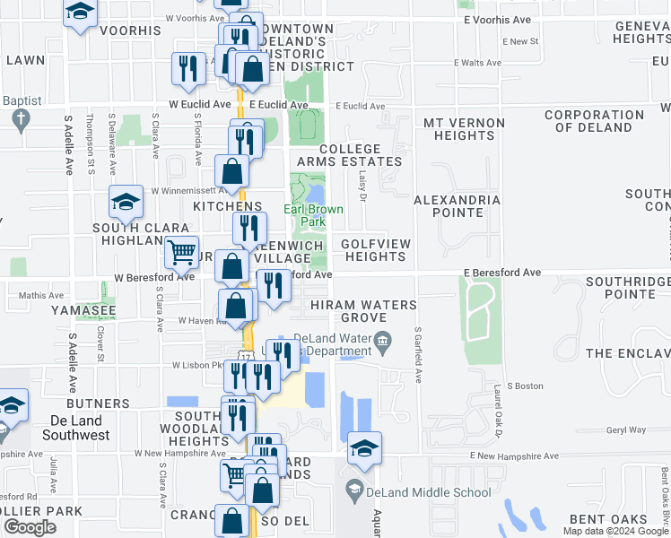 map of restaurants, bars, coffee shops, grocery stores, and more near 821 South Amelia Avenue in DeLand