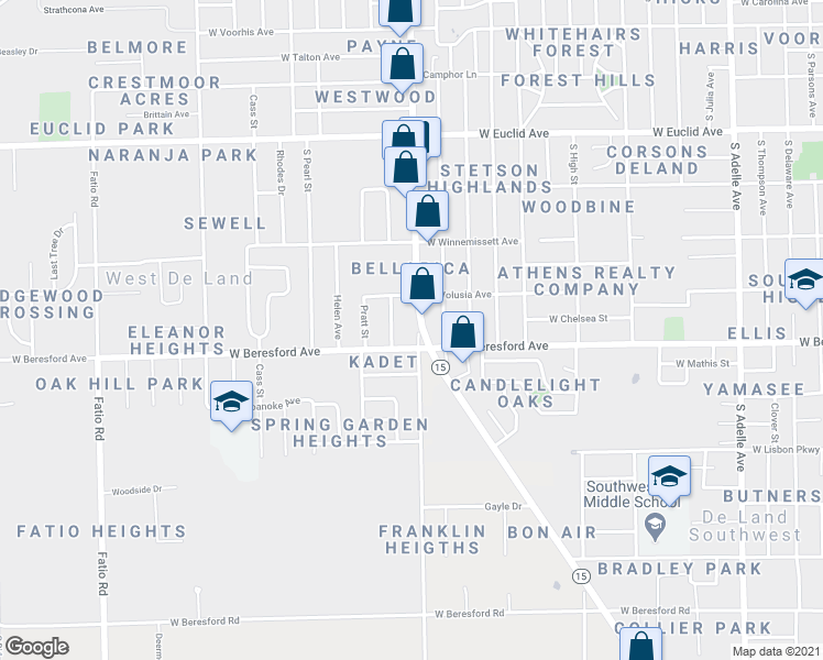 map of restaurants, bars, coffee shops, grocery stores, and more near 806 South Spring Garden Avenue in DeLand