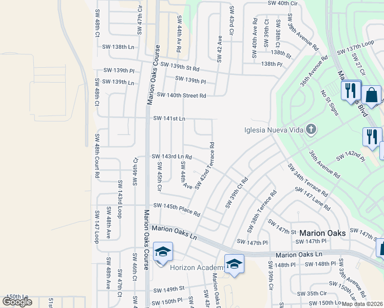 map of restaurants, bars, coffee shops, grocery stores, and more near 4340 Southwest 142nd Place in Ocala