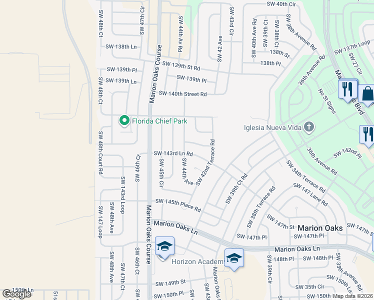 map of restaurants, bars, coffee shops, grocery stores, and more near 14281 Southwest 44th Court in Ocala