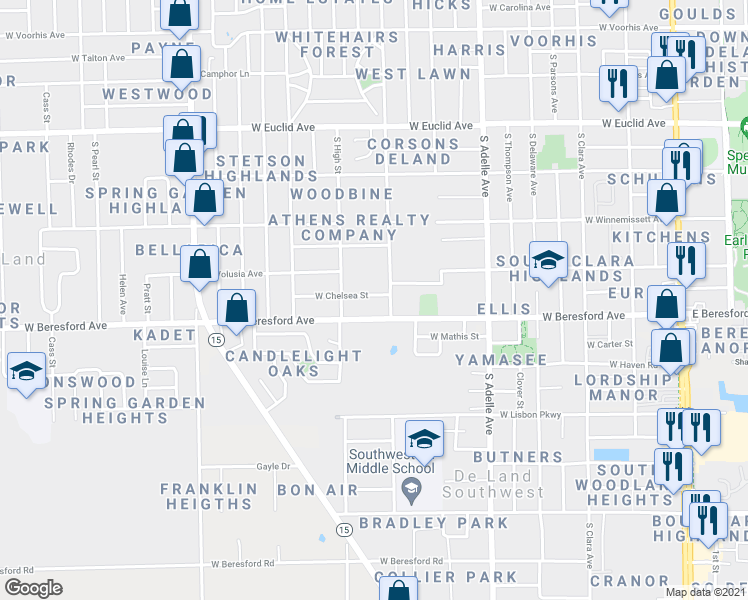 map of restaurants, bars, coffee shops, grocery stores, and more near 700 West Chelsea Street in DeLand