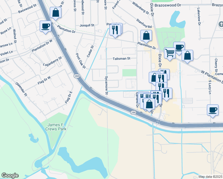 map of restaurants, bars, coffee shops, grocery stores, and more near 117 Honeysuckle Street in Lake Jackson