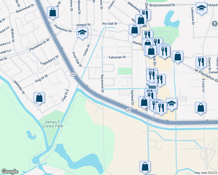 map of restaurants, bars, coffee shops, grocery stores, and more near 117 Honeysuckle Street in Lake Jackson