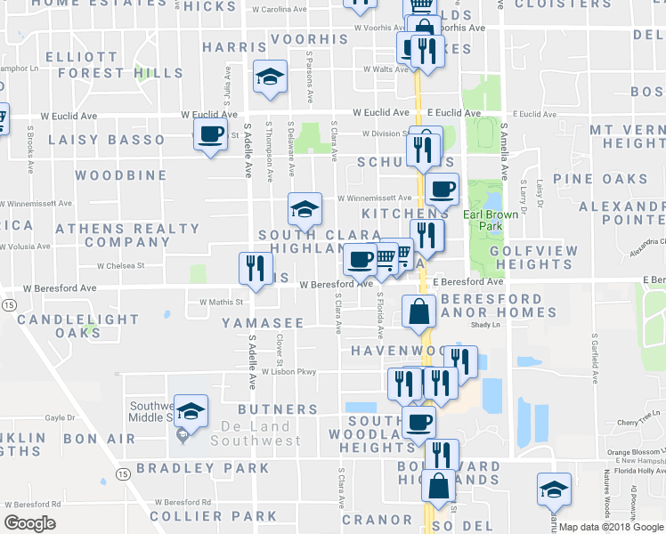 map of restaurants, bars, coffee shops, grocery stores, and more near 806 South Clara Avenue in DeLand