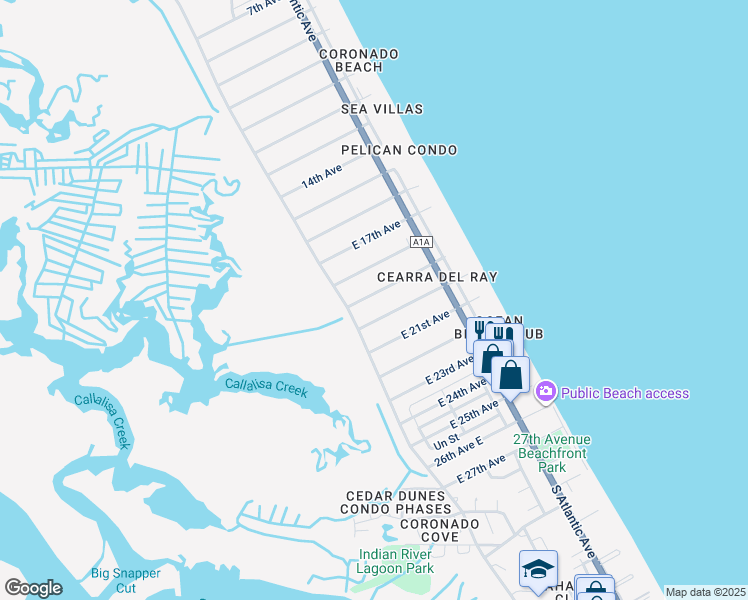 map of restaurants, bars, coffee shops, grocery stores, and more near 805 East 19th Avenue in New Smyrna Beach