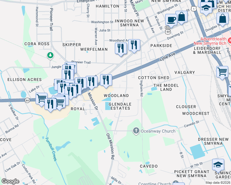 map of restaurants, bars, coffee shops, grocery stores, and more near 1712 Florida 44 in New Smyrna Beach